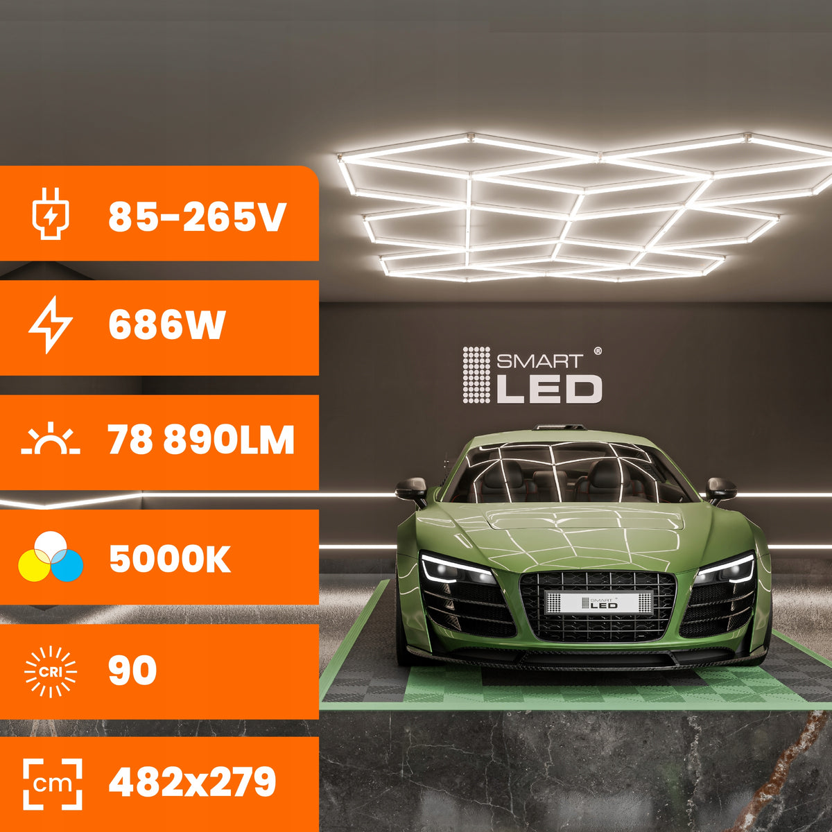 LED HEXAGON osvětlení do garáže 686 W, 482 × 279 cm