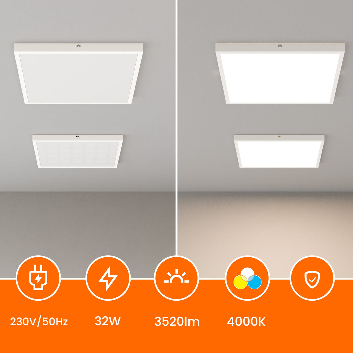 Bílé stropní LED svítidlo 32 W, 3520 lm, 4000 K, 40 × 40 cm
