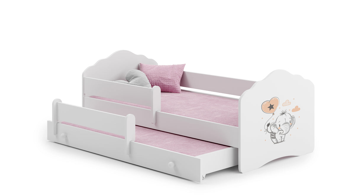 Dětská postel se dvěma lůžky FALA 160 × 80 cm s úložným šuplíkem a ochrannou zábranou – motiv slůně