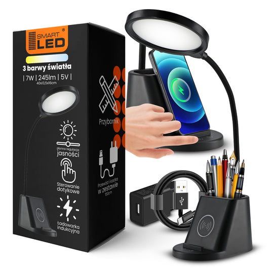 LED stolní lampa, s bezdrátovým nabíjením, s dotykovým ovládáním, 3 režimy barvy světla, s organizérem