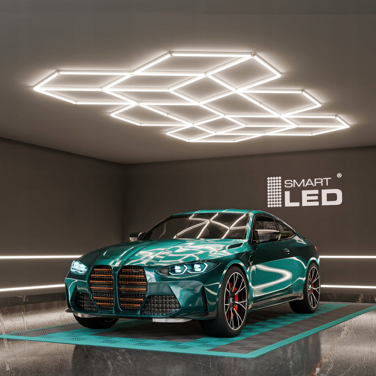 LED HEXAGON osvětlení do garáže 686 W, 482 × 279 cm