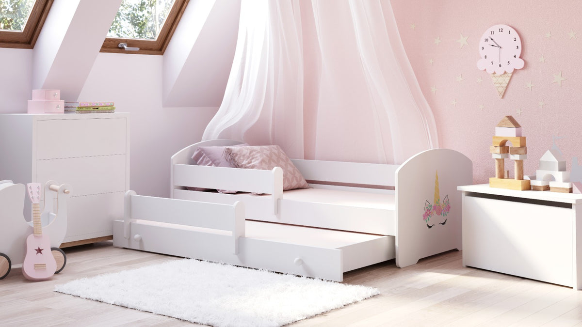 Dětská postel se dvěma lůžky LUK 160 × 80 cm s úložným šuplíkem a ochrannou zábranou – motiv jednorožec
