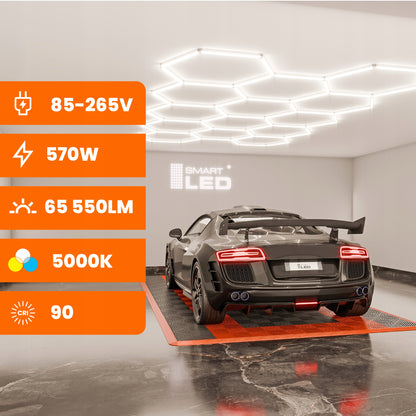 LED HEXAGON osvětlení do garáže 570 W, 522 × 298 cm, stmívatelné
