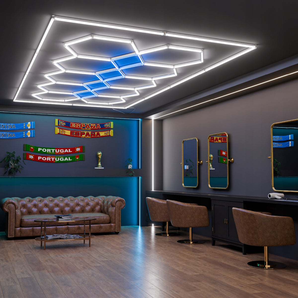 LED HEXAGON osvětlení do garáže 500 W, 484 × 243 cm