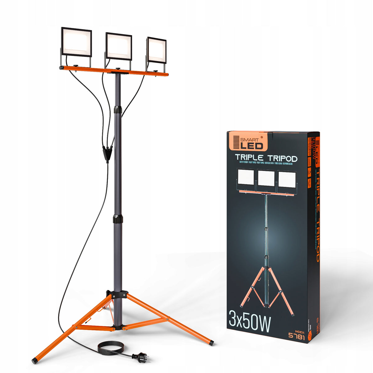 LED pracovní reflektor na stativu 3 × 50 W, 16 500 lm, 4500 K, IP65, výška 180 cm