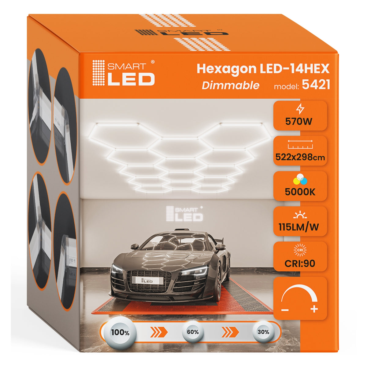 LED HEXAGON osvětlení do garáže 570 W, 522 × 298 cm, stmívatelné
