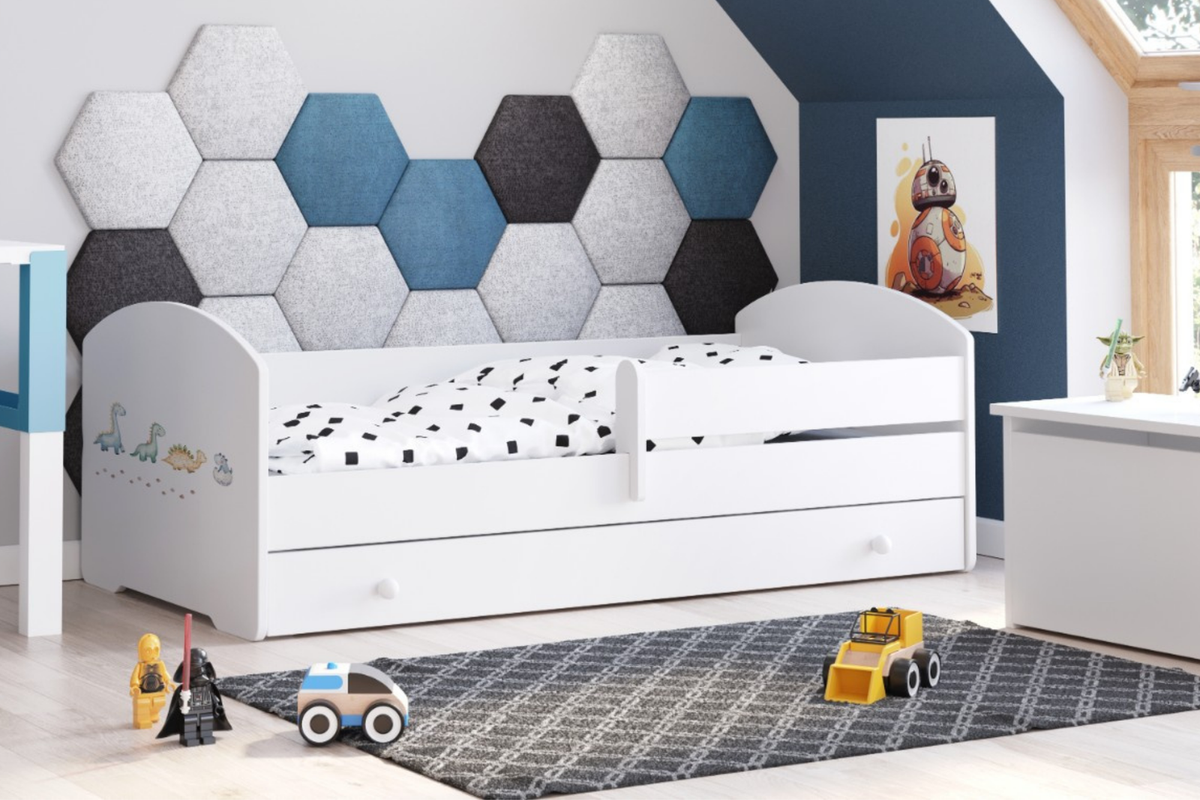 Dětská postel LUK 160 × 80 cm s úložným šuplíkem a ochrannou zábranou – motiv dinosauři