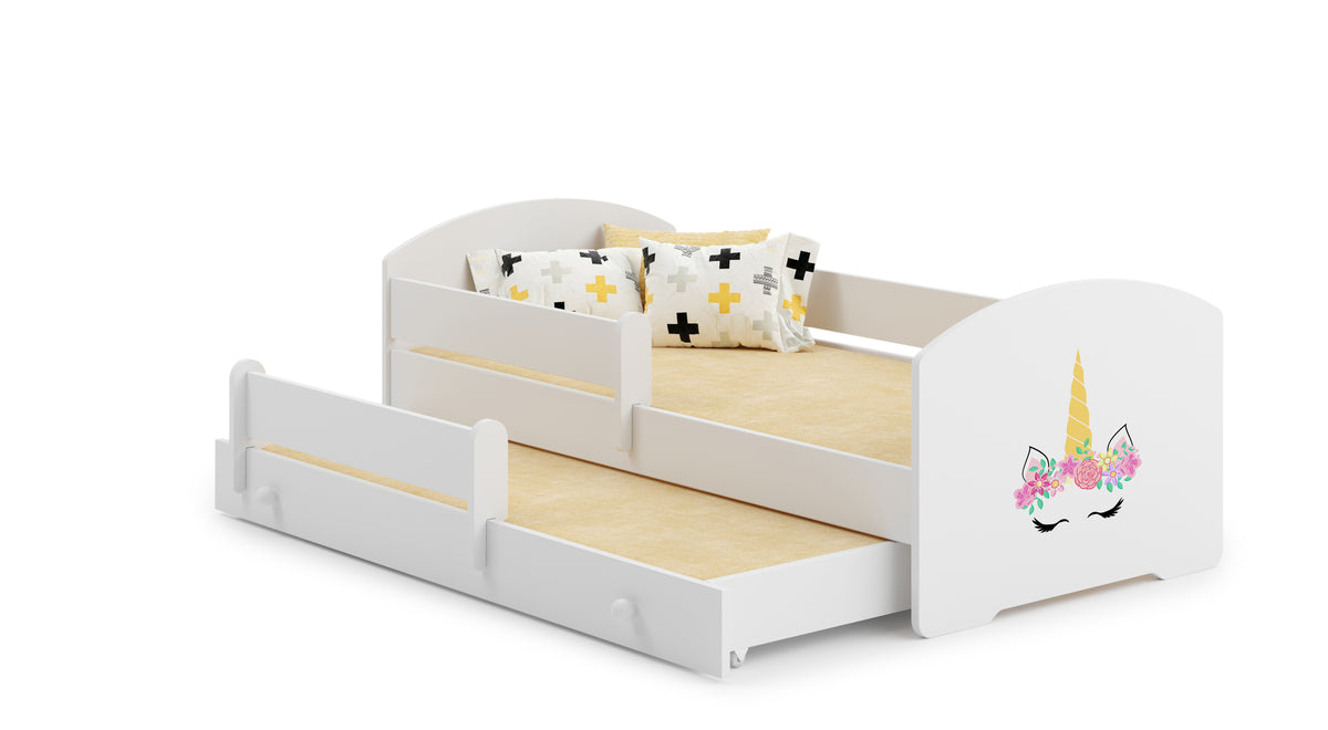 Dětská postel se dvěma lůžky LUK 160 × 80 cm s úložným šuplíkem a ochrannou zábranou – motiv jednorožec