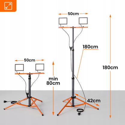 LED pracovní reflektor na stativu 2 × 50 W, 2 × 5500 lm, 4500 K, IP65, 14 × 11,5 cm