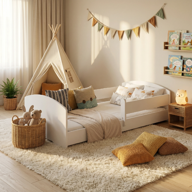 Montessori dětská postel LEO 140 × 70 cm s ochrannou zábranou