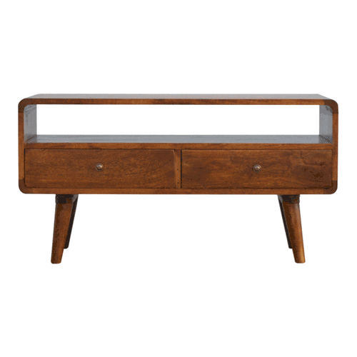 TV stolek v kaštanovém odstínu se zaoblenými liniemi, 90 × 35 × 47 cm