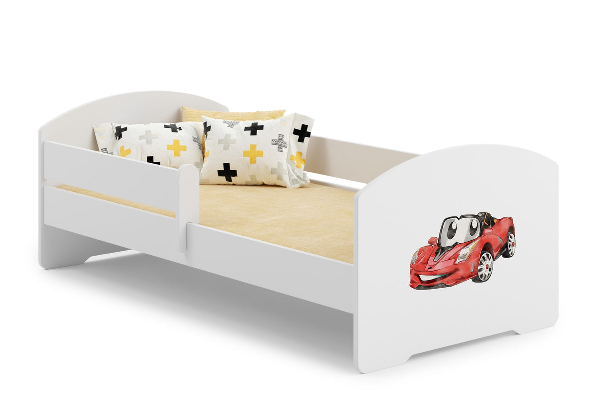 Dětská postel LUK 160 × 80 cm s ochrannou zábranou – motiv závodní auto
