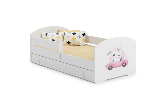 Dětská postel LUK 160 × 80 cm s úložným šuplíkem a ochrannou zábranou – motiv kočka