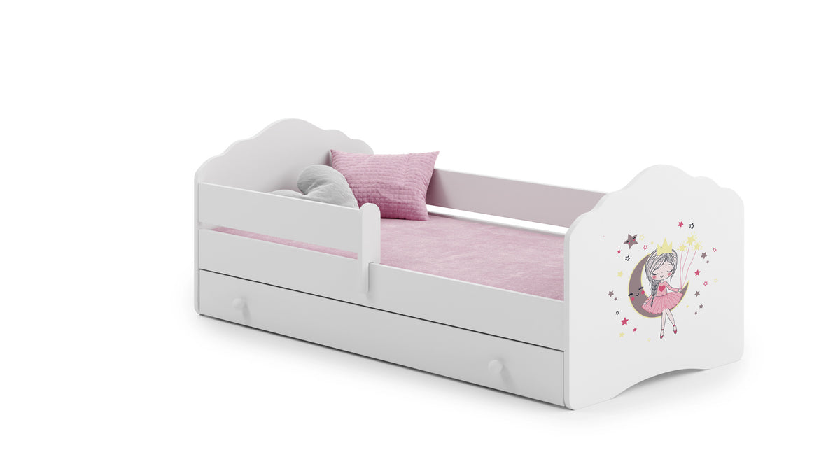 Dětská postel FALA 160 × 80 cm s úložným šuplíkem a ochrannou zábranou – motiv spící princezna