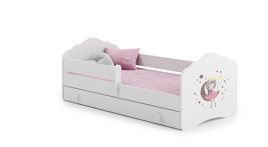 Dětská postel FALA 140 × 70 cm s úložným šuplíkem a ochrannou zábranou – motiv spící princezna