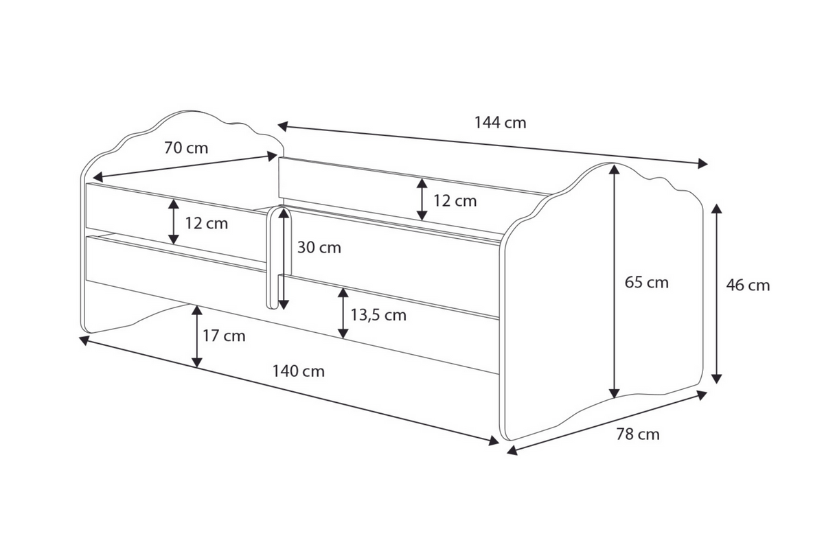 Dětská postel FALA 140 × 70 cm s úložným šuplíkem a ochrannou zábranou – motiv spící princezna