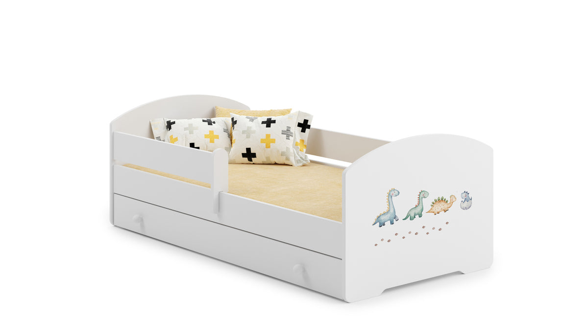 Dětská postel LUK 140 × 70 cm s úložným šuplíkem a ochrannou zábranou – motiv dinosauři