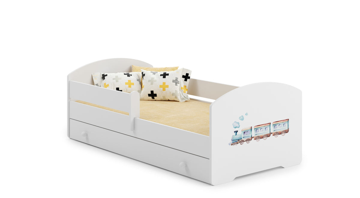Dětská postel LUK 140 × 70 cm s úložným šuplíkem a ochrannou zábranou – motiv vlak