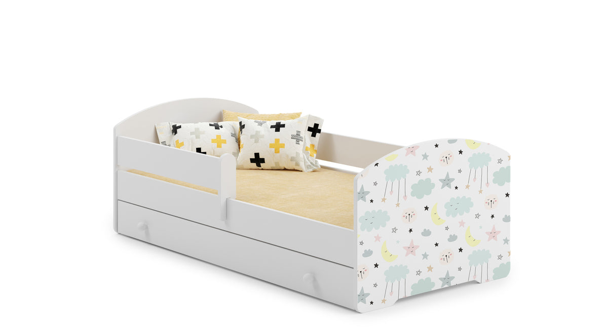 Dětská postel LUK 140 × 70 cm s úložným šuplíkem a ochrannou zábranou – motiv hvězdy