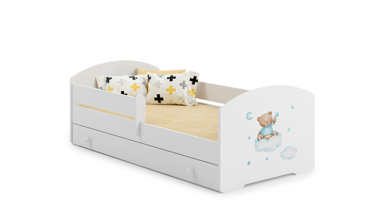 Dětská postel LUK 160 × 80 cm s úložným šuplíkem a ochrannou zábranou – motiv medvídek
