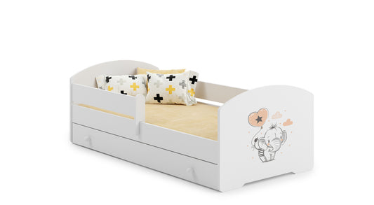 Dětská postel LUK 160 × 80 cm s úložným šuplíkem a ochrannou zábranou – motiv slůně