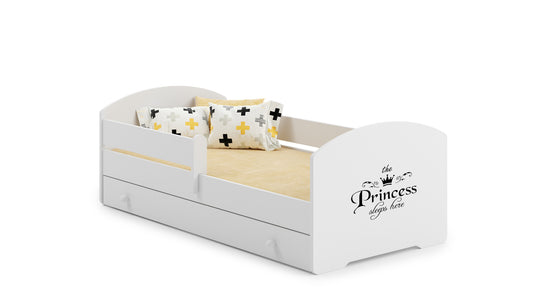 Dětská postel LUK 160 × 80 cm s úložným šuplíkem a ochrannou zábranou – motiv princezna