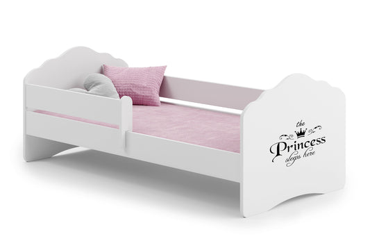 Dětská postel FALA 140 × 70 cm s úložným šuplíkem a ochrannou zábranou – motiv princezna