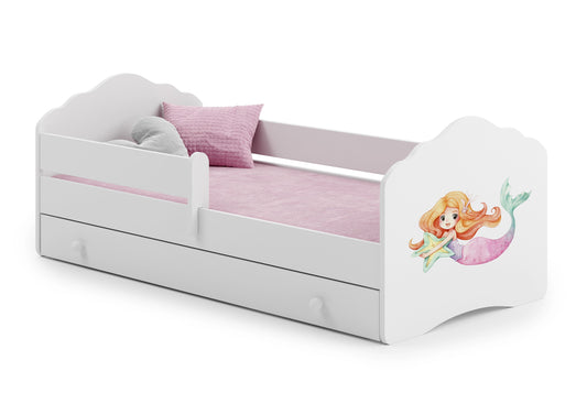 Dětská postel FALA 160 × 80 cm s úložným šuplíkem a ochrannou zábranou – motiv mořská víla