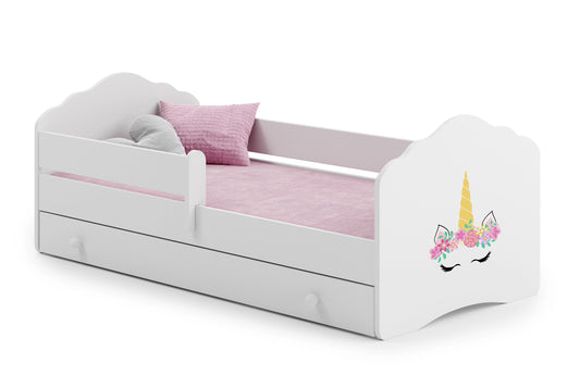 Dětská postel FALA 160 × 80 cm s úložným šuplíkem a ochrannou zábranou – motiv jednorožec