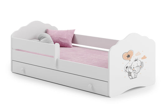 Dětská postel FALA 160 × 80 cm s úložným šuplíkem a ochrannou zábranou – motiv slůně