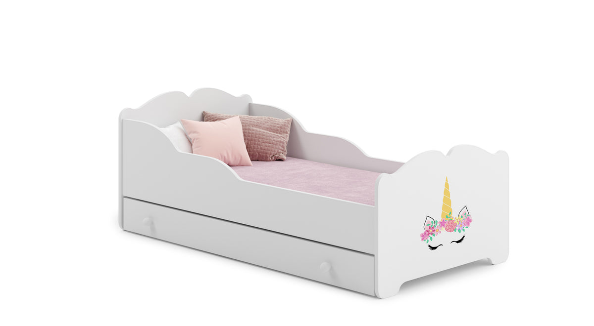 Dětská postel ANNA 160 × 80 cm s úložným šuplíkem – motiv jednorožec