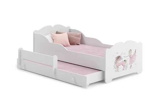Dětská postel se dvěma lůžky ANNA 160 × 80 cm s úložným šuplíkem – motiv dívka s jednorožcem
