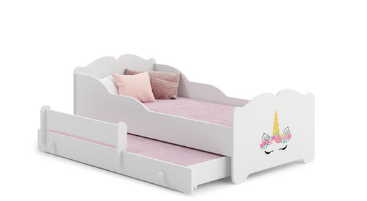 Dětská postel se dvěma lůžky ANNA 160 × 80 cm s úložným šuplíkem – motiv jednorožec