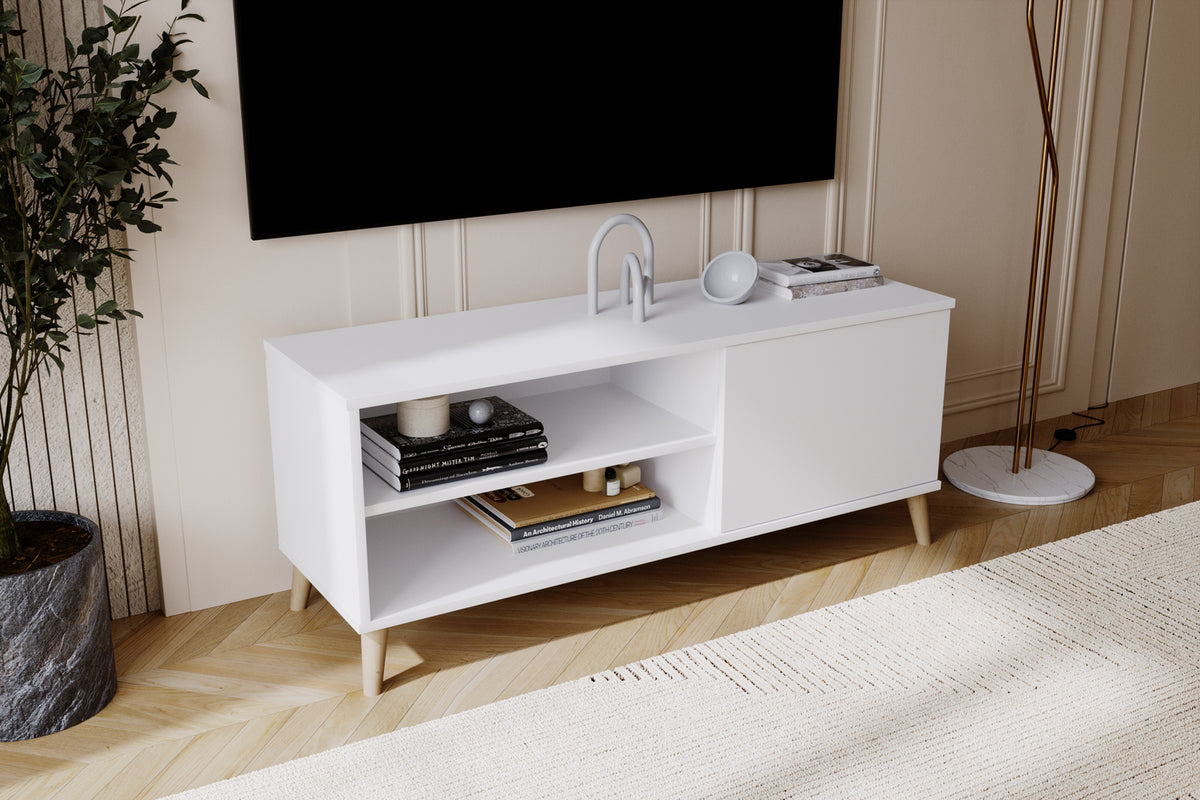 TV stolek VIVA 110 cm – bílá – dřevěné nohy