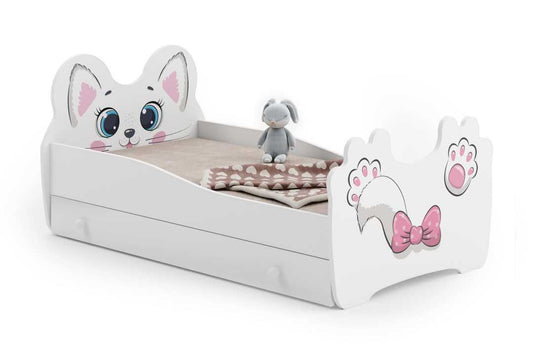 Dětská postel Růžová kočka 160 × 80 cm s úložným šuplíkem – motiv kočka