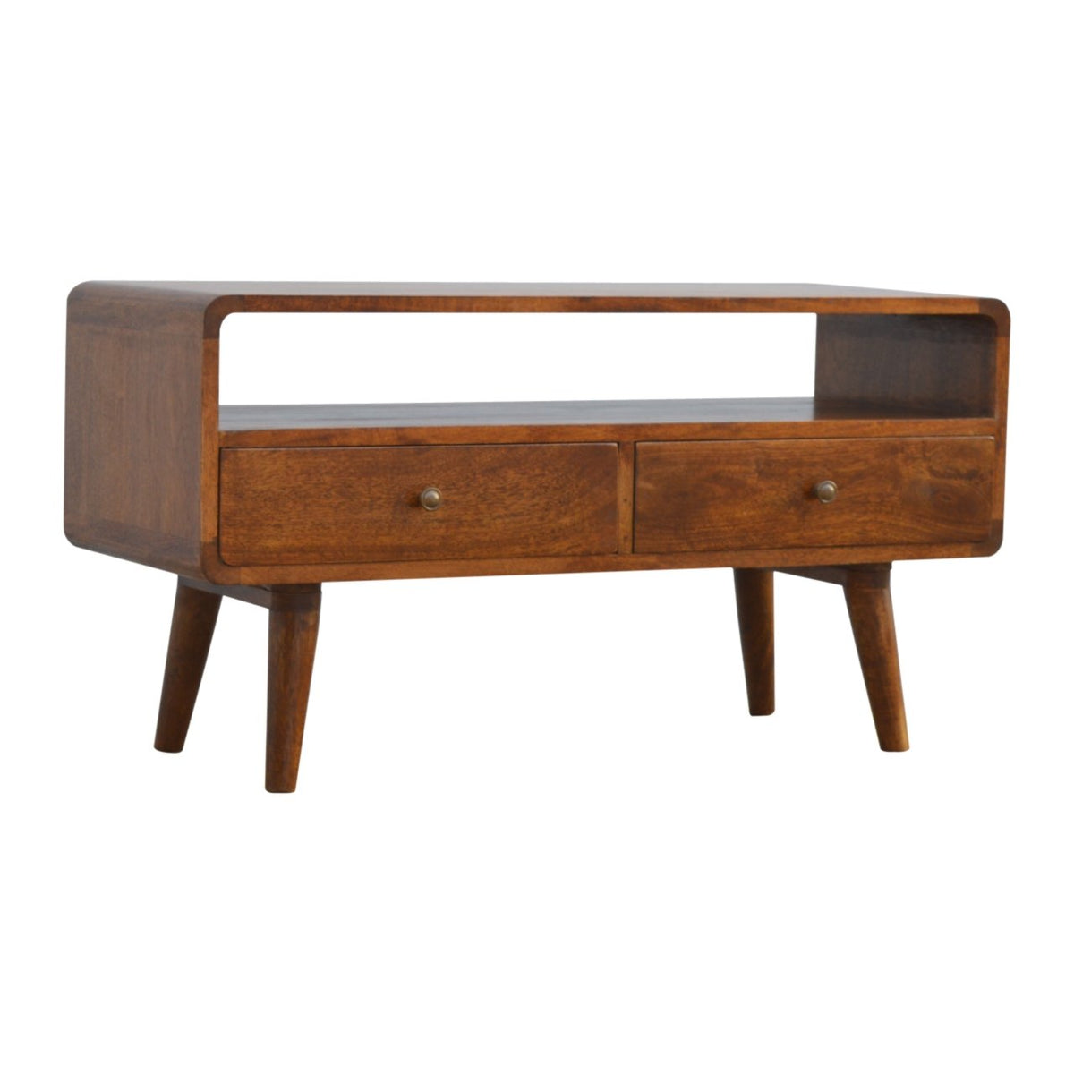 TV stolek v kaštanovém odstínu se zaoblenými liniemi, 90 × 35 × 47 cm