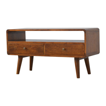 TV stolek v kaštanovém odstínu se zaoblenými liniemi, 90 × 35 × 47 cm