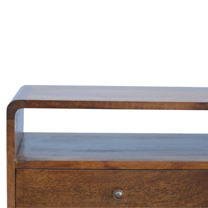 TV stolek v kaštanovém odstínu se zaoblenými liniemi, 90 × 35 × 47 cm