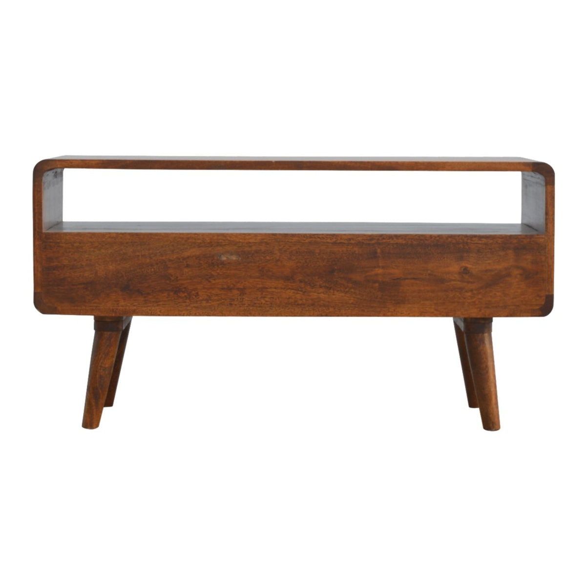 TV stolek v kaštanovém odstínu se zaoblenými liniemi, 90 × 35 × 47 cm