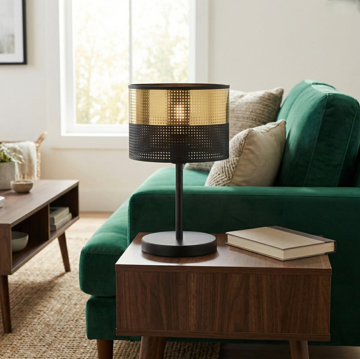 Stolní lampa LUX LN1 – černá / zlatá, zlaté textilní stínidlo