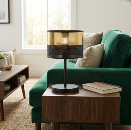 Stolní lampa LUX LN1 – černá / zlatá, zlaté textilní stínidlo