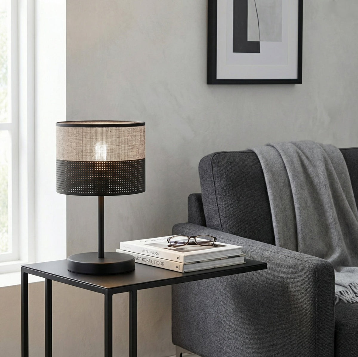 Stolní lampa KARBON LN1 – černá / šedá, šedé textilní stínidlo
