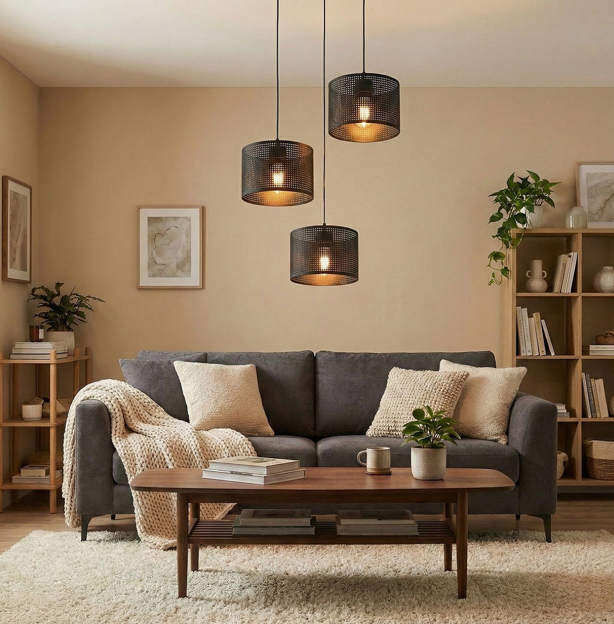 Závěsné svítidlo LUX 3 PREM – černé, černá textilní stínidla