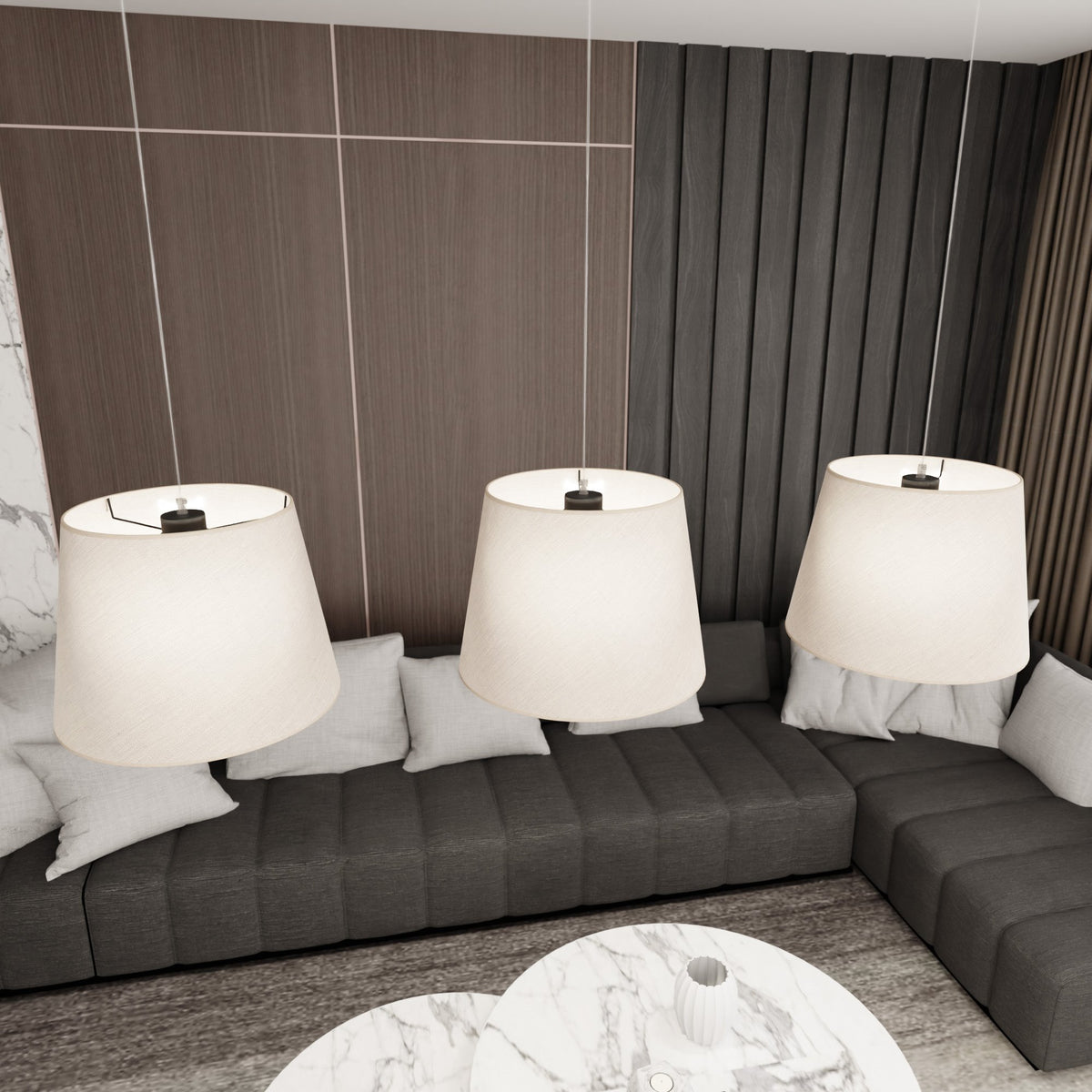 Závěsné svítidlo EPOCA 3 – černé, béžová textilní stínidla
